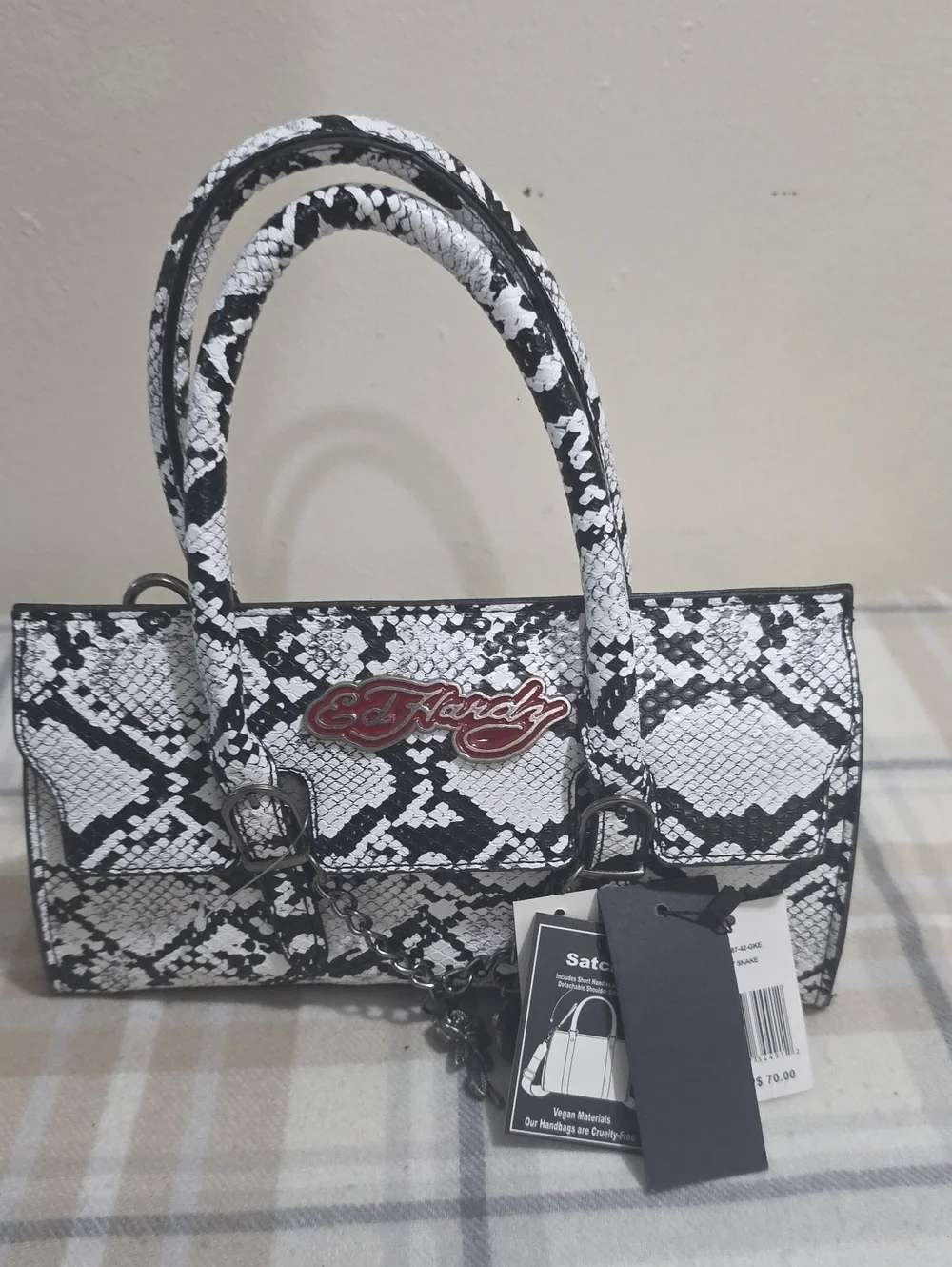 Ed Hardy Black & White Snake-Print Satchel with Red Logo Accent